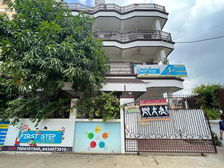 First Step Pre School campus building with blue banner on Gola Road, Patna