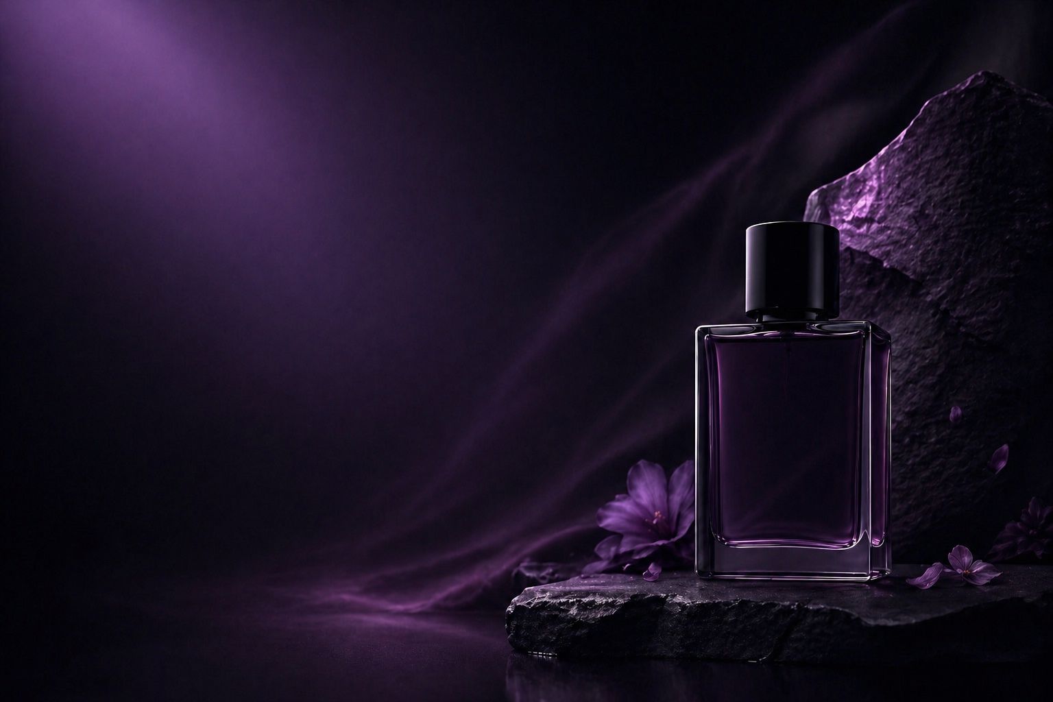 Velouré Headshot Killzone bottle on rock with purple petals