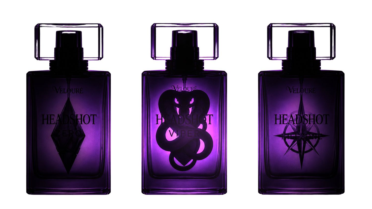 Three HEADSHOT bottles — the Velouré signature trio