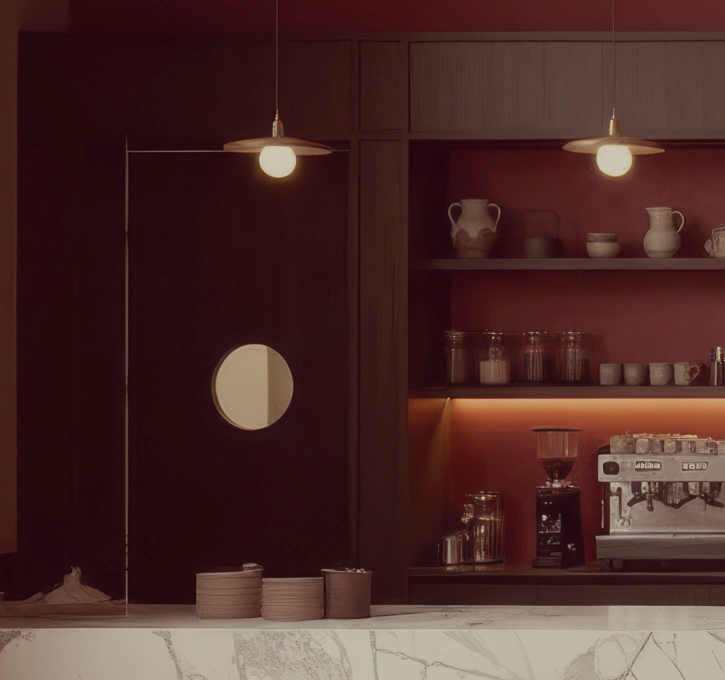 A deep red back bar: brass pendant lights over open shelves of ceramics and glass jars, an espresso machine and grinder, and a white marble counter in the foreground